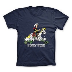 Camiseta 100% algodón Lucky Luke y Jolly Jumper en un campo de algodón (Azul)