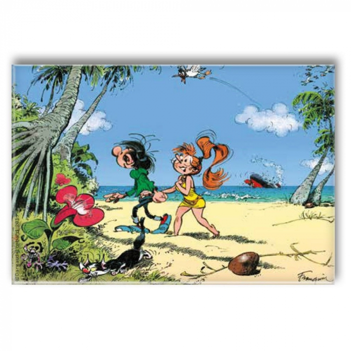 Decorative magnet Gaston Lagaffe and Mlle Jeanne on holiday (79x55mm)