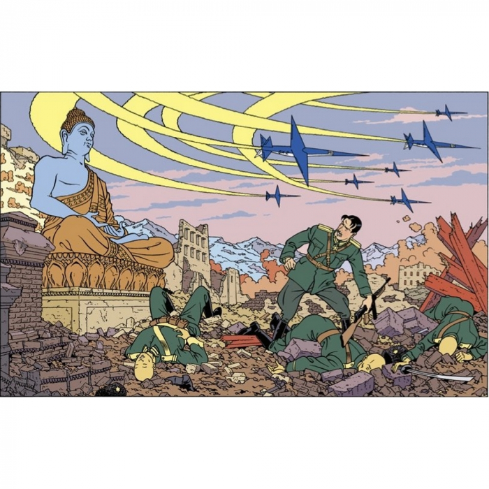 Postcard Blake and Mortimer: chaos under the watchful eye of Buddha (15x10cm)