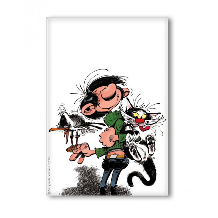 Decorative magnet Gaston Lagaffe with his cat and seagull (55x79mm)