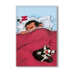 Aimant magnet décoratif Gaston Lagaffe dormant avec son chat (55x79mm)