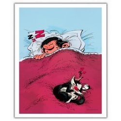 Poster offset Gaston Lagaffe, sleeping with his cat (28x35,5cm)