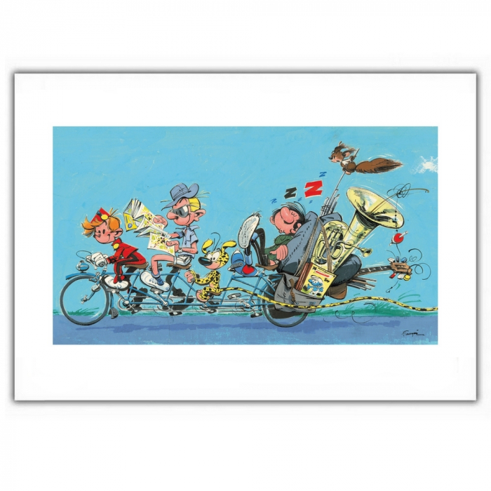 Poster affiche offset Gaston Lagaffe en vélo avec Spirou et Fantasio (60x40cm)