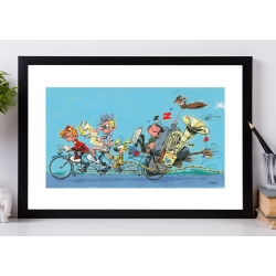 Poster affiche offset Gaston Lagaffe en vélo avec Spirou et Fantasio (60x40cm)