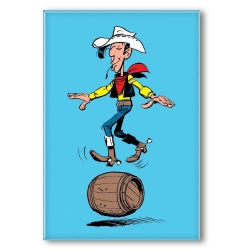 Imán decorativo Lucky Luke, equilibrándose en un barril (55x79mm)