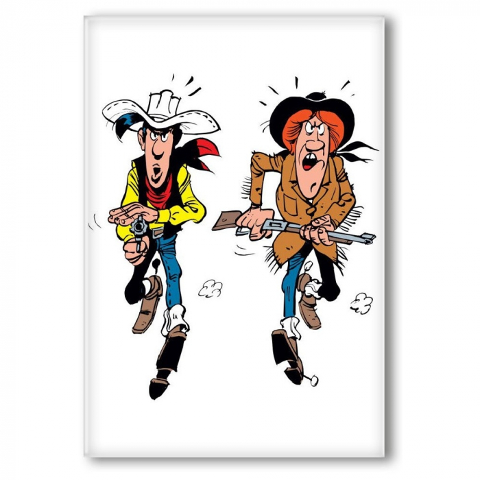 Imán decorativo Lucky Luke, Lucky Luke y Calamity Jane disparando (55x79mm)