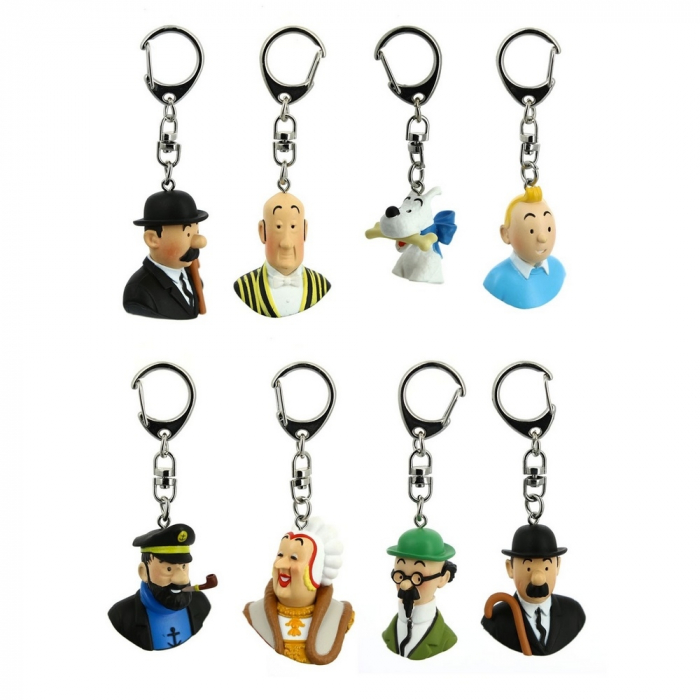Collectible set of 8 keyring chain Tintin busts Moulinsart PVC 4cm (2017)