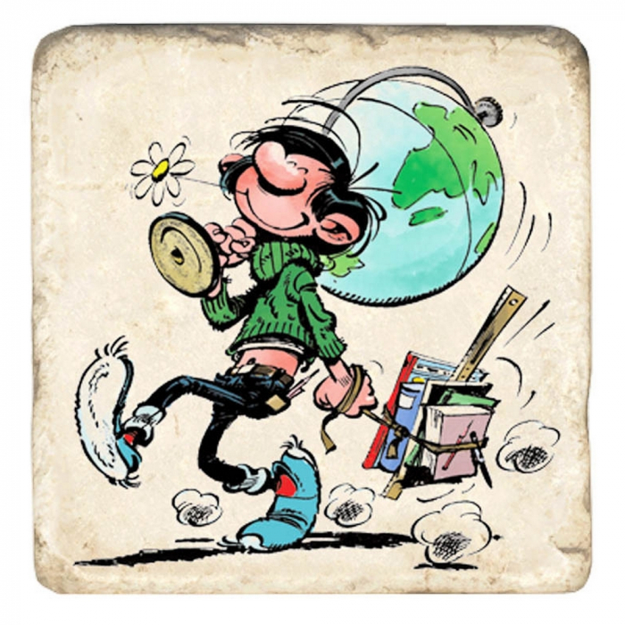 Collectible marble sign Gaston Lagaffe and the world map (20x20cm)