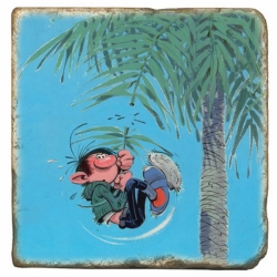 Plaque de marbre collection Gaston Lagaffe accroché à un palmier (10x10cm)