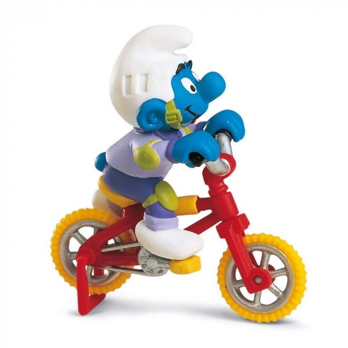 Figura Schleich® Los Pitufos - El Pitufo en su bicicleta BMX (40252)