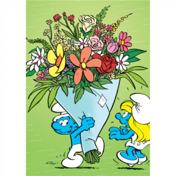 Carte postale Les Schtroumpfs, Schtroumpfette et bouquet de fleurs (10x15cm)