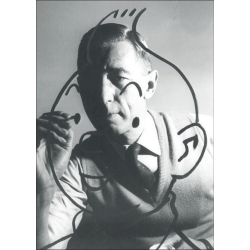 Carte postale Portrait d'Hergé, Robert Kayaert: Dessinant Tintin 1960 (10x15cm)