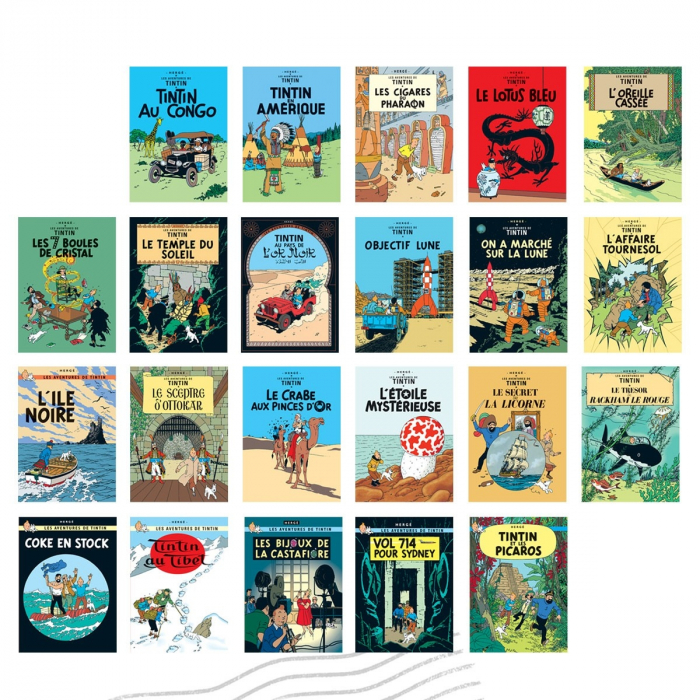 Set 22 Cartes postales des couvertures des Albums des Aventures de Tintin (FR)