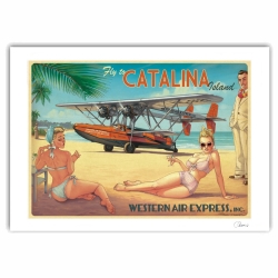 Póster cartel offset Pin-Up Wings Fly Catalina Island, Hugault firmado (70x50cm)