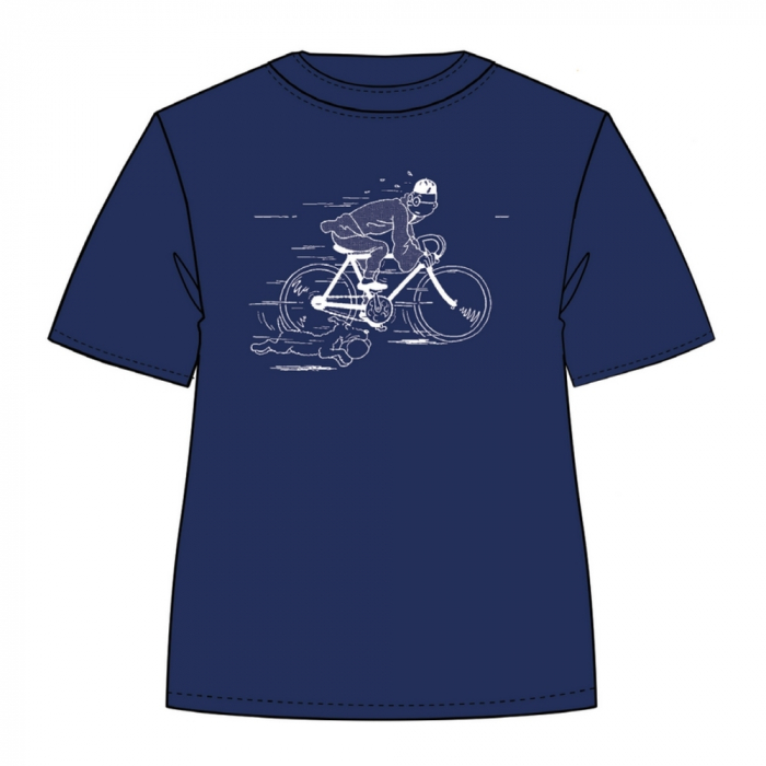 Camiseta Moulinsart de Tintín huyendo en bicicleta con Milú - Azul Persa (2019)
