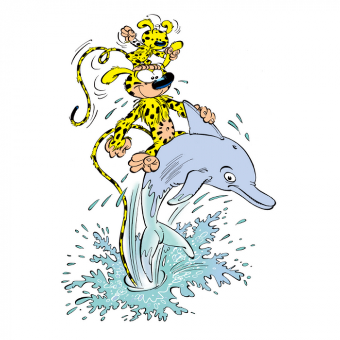 Postcard Marsupilami, surfing a dolphin (10x15cm)