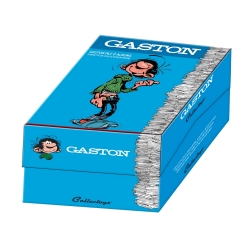 Figurine de collection Plastoy Gaston Lagaffe s'appuyant sur une pile d'albums