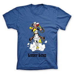 T-shirt 100% coton Lucky Luke au galop avec Jolly Jumper (Bleu)