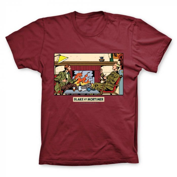 Camiseta 100% algodón Blake y Mortimer, delante la chimenea (Burdeos)