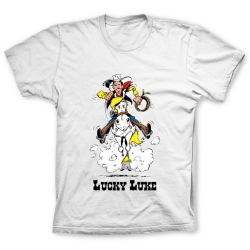 T-shirt 100% coton Lucky Luke au galop avec Jolly Jumper (Blanc)