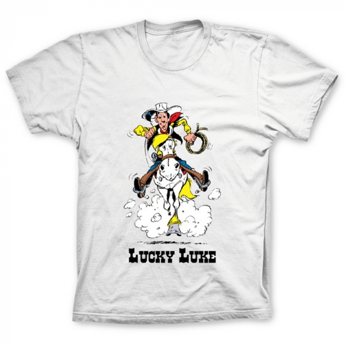 Camiseta 100% algodón Lucky Luke, Galope con Jolly Jumper (Blanco)