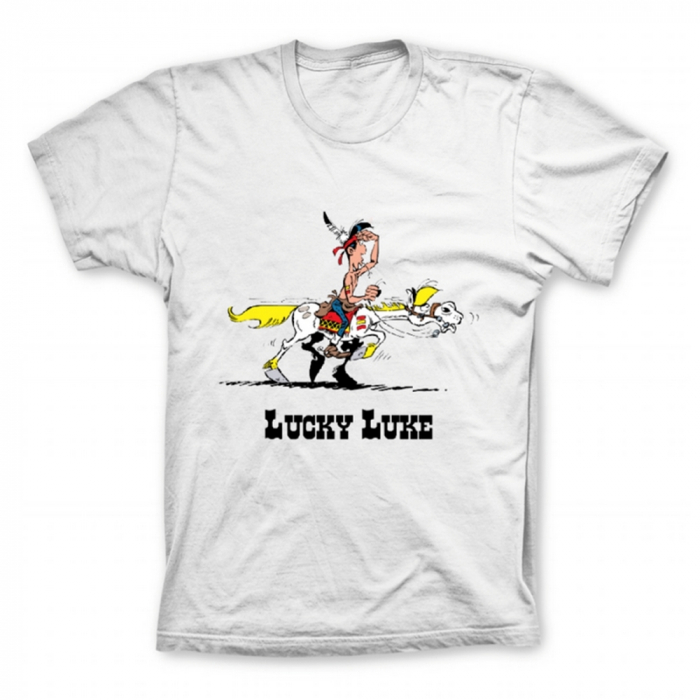 Bemærkelsesværdig gys Spiller skak T-shirt 100% cotton Lucky Luke, Treasure hunt with Jolly Jumper (White)