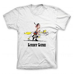 Camiseta 100% algodón Lucky Luke, juego de pista con Jolly Jumper (Blanco)