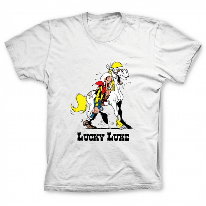 Camiseta 100% algodón Lucky Luke y Jolly Jumper muertos de risa (Blanco)
