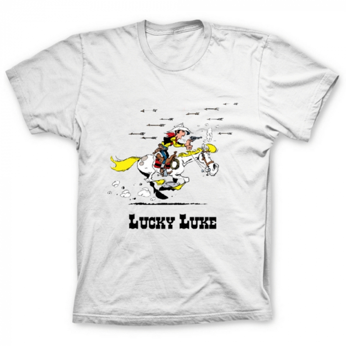 Camiseta 100% algodón Lucky Luke, atacado con flechas de Indios (Blanco)