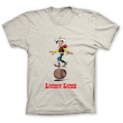 Camiseta 100% algodón Lucky Luke, equilibrándose en un barril (Arena)